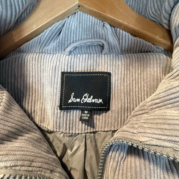 Sam Edelman Gray Quilted Corduroy Puffer Jacket Coat Hood Women's M Medium - Picture 11 of 15